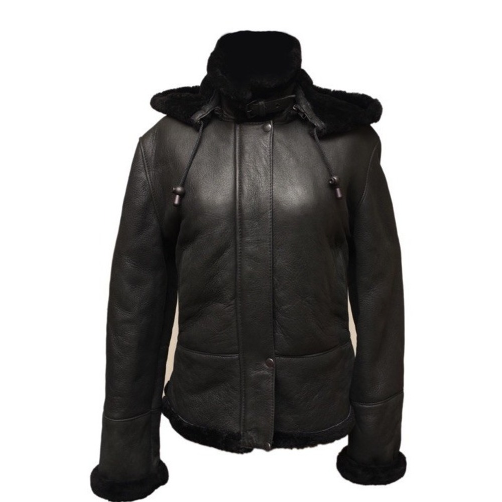 Ricardo BH The Kay Sheepskin Shearing Coat Hooded Women's Large Black EUC